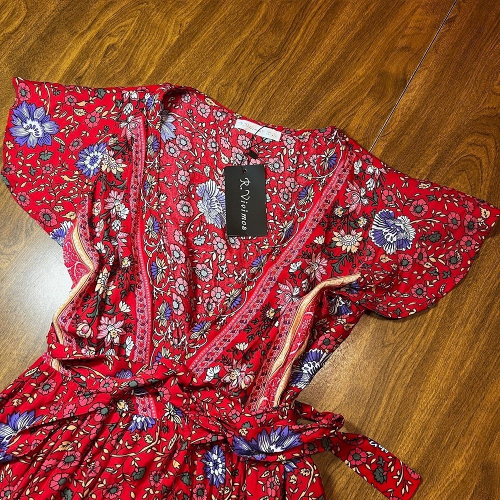R.Vivimos Womens Red Floral Boho Wrap Maxi Dress Short Sleeve V-Neck Tiered New